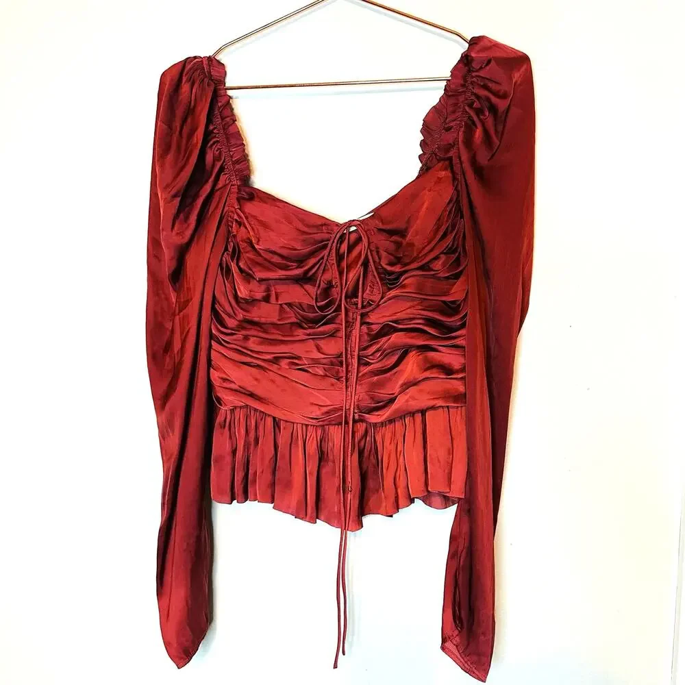 ULLA JOHNSON Women's Red Satin Halter Neck Mirelle Peplum Puff Blouse Size 10